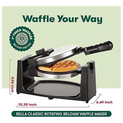  BELLA Classic Rotating Belgian Waffle Maker with Nonstick Plates, Removable Drip Tray, Adjustable Browning Control and Cool Touch Handles, Stainless Steel, 13991