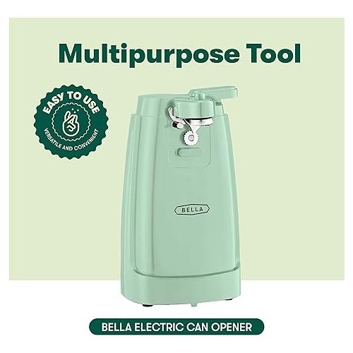  BELLA Electric Can Opener and Knife Sharpener, Multifunctional Jar and Bottle Opener with Removable Cutting Lever and Cord Storage, Stainless Steel Blade, Sage