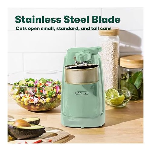  BELLA Electric Can Opener and Knife Sharpener, Multifunctional Jar and Bottle Opener with Removable Cutting Lever and Cord Storage, Stainless Steel Blade, Sage