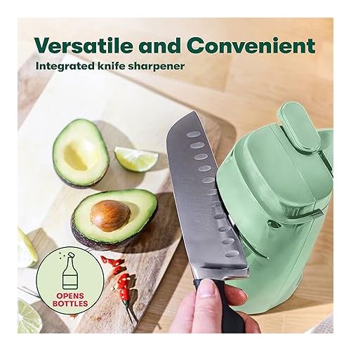  BELLA Electric Can Opener and Knife Sharpener, Multifunctional Jar and Bottle Opener with Removable Cutting Lever and Cord Storage, Stainless Steel Blade, Sage