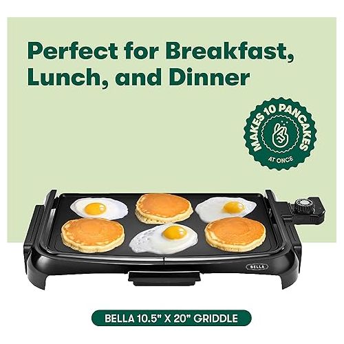  BELLA Electric Griddle & Flat Grill with Nonstick Large Cooking Surface and Removable Probe for Eggs, Tortillas, Pancake and more, 10.5