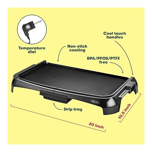  BELLA Electric Griddle & Flat Grill with Nonstick Large Cooking Surface and Removable Probe for Eggs, Tortillas, Pancake and more, 10.5