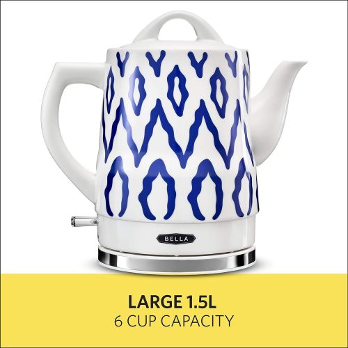  BELLA 1.5 Liter Electric Ceramic Tea Kettle with Boil Dry Protection & Detatchable Swivel Base, Blue Aztec