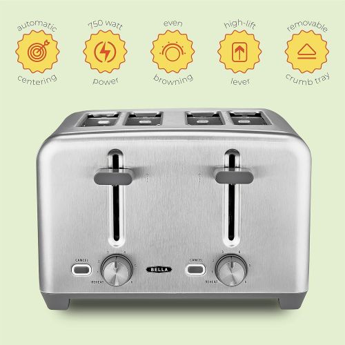  BELLA 4 Slice Toaster, Quick & Even Results Every Time, Wide Slots Fit Any Size Bread Like Bagels or Texas Toast, Drop-Down Crumb Tray for Easy Clean Up, Stainless Steel