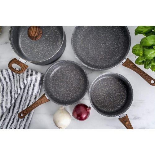  BELLA 12-Piece Non-Stick Cookware Set with Saucepans, Fry Pans & Cooking Utensils, Charcoal & Wood Grain: Kitchen & Dining