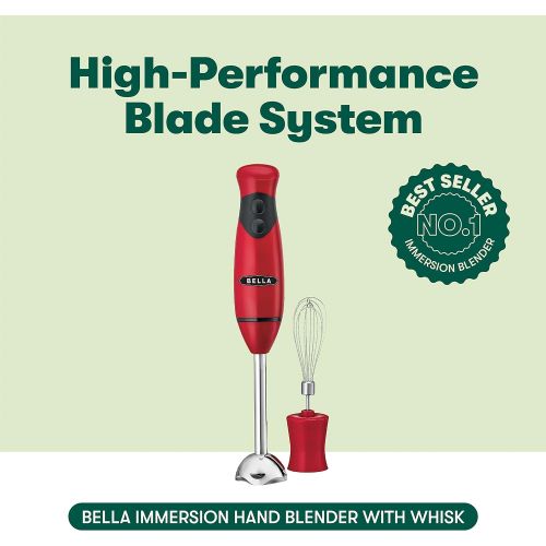  [아마존베스트]BELLA Immersion Hand Blender with Whisk Attachment, Quickly Mixes Sauces, Purees Soups, Smoothies & Dips, BPA-Free, Easy To Clean, Stainless Steel/Red