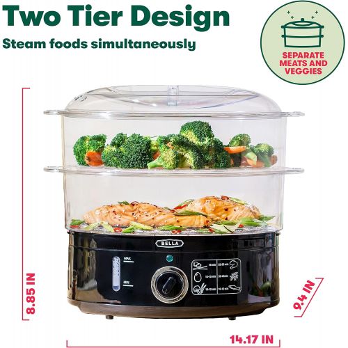  [아마존베스트]BELLA Two Tier Food Steamer, Healthy, Fast Simultaneous Cooking, Stackable Baskets for Vegetables or Meats, Rice/Grains Tray, Auto Shutoff & Boil Dry Protection, 7.4 QT, Black