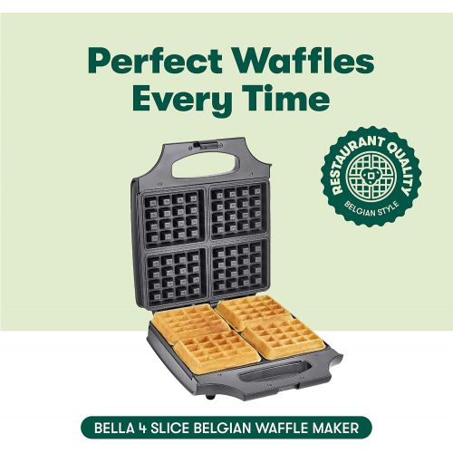  BELLA 4 Slice Non-Stick Belgian Waffle Maker, Fluffy Restaurant-Style Waffles in Under 6 Minutes, Quickly Makes 4 Large 4” x 4.5” & 1.2” Thick Waffles, Easily Wipe and Clean, Stain