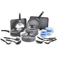 BELLA 21 Piece Cook Bake and Store Set, Kitchen Essentials for First or New Apartment, Assorted Non Stick Cookware, 9 Nylon Hassle-Free Cooking Tools, 5 Glass Storage Bowls w Lids,
