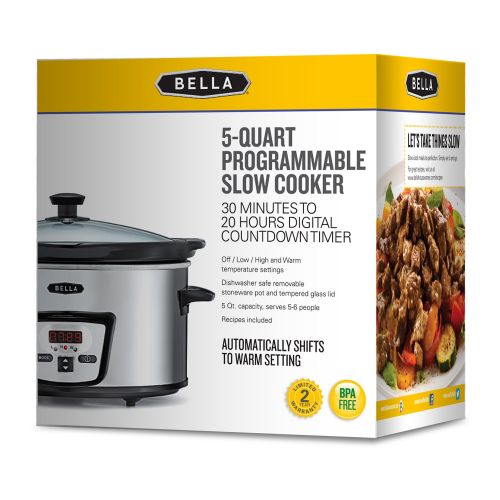  BELLA (13973) 5 Quart Programmable Slow Cooker, Polished Stainless Steel