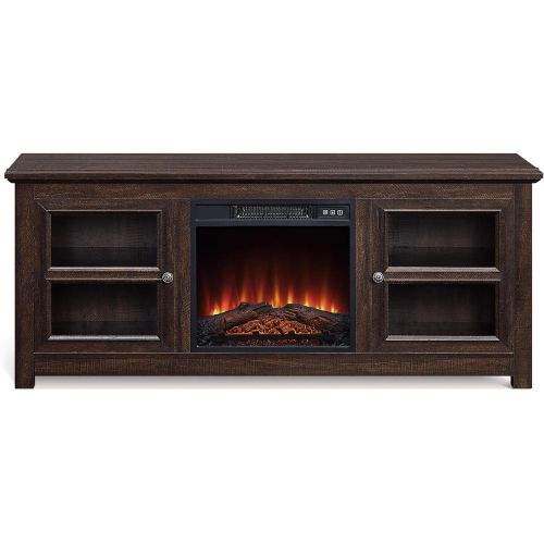  BELLEZE Modern 58 Inch Farmhouse Electric Fireplace TV Stand & Media Entertainment Center Console Table for TVs up to 65 Inch with Open Storage Shelves & Cabinets - Kenton (Espress