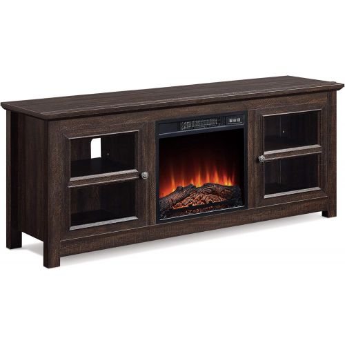  BELLEZE Modern 58 Inch Farmhouse Electric Fireplace TV Stand & Media Entertainment Center Console Table for TVs up to 65 Inch with Open Storage Shelves & Cabinets - Kenton (Espress