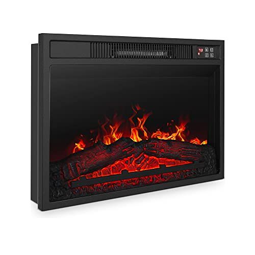  BELLEZE 23 Inch 1400W Electric Fireplace Insert, Stove Heater for TV Stand with Recessed Mounted Flame, LED Logs, Remote Control, Safety Protection - Black