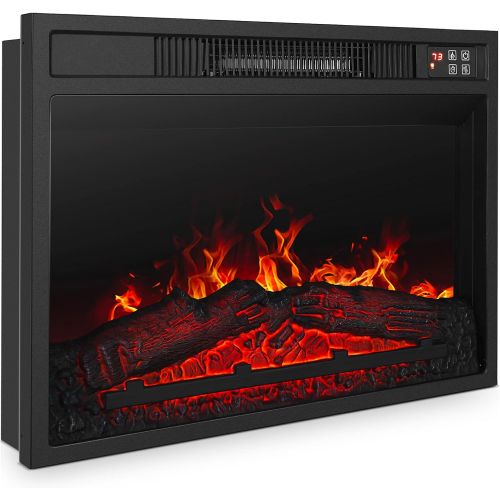  BELLEZE 23 Inch 1400W Electric Fireplace Insert, Stove Heater for TV Stand with Recessed Mounted Flame, LED Logs, Remote Control, Safety Protection - Black
