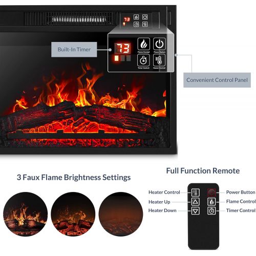  BELLEZE 23 Inch 1400W Electric Fireplace Insert, Stove Heater for TV Stand with Recessed Mounted Flame, LED Logs, Remote Control, Safety Protection - Black