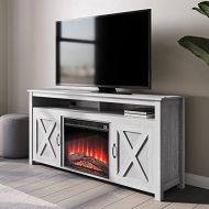BELLEZE Modern 58 Inch Barn Door Wood Electric Fireplace TV Stand & Media Entertainment Center Console Table for TVs up to 65 Inches with Two Open Shelves and Cabinets - Corin (Sto