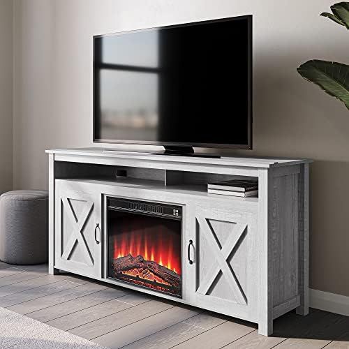  BELLEZE Modern 58 Inch Barn Door Wood Electric Fireplace TV Stand & Media Entertainment Center Console Table for TVs up to 65 Inches with Two Open Shelves and Cabinets - Corin (Sto