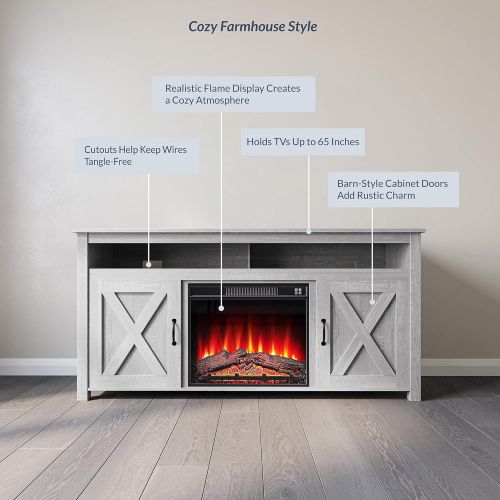  BELLEZE Modern 58 Inch Barn Door Wood Electric Fireplace TV Stand & Media Entertainment Center Console Table for TVs up to 65 Inches with Two Open Shelves and Cabinets - Corin (Sto