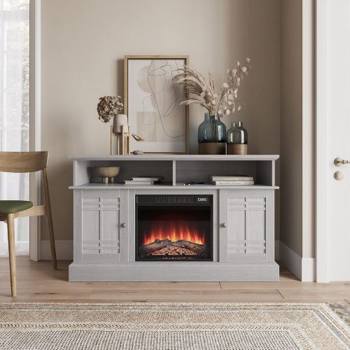  BELLEZE Modern 48 Inch Farmhouse Electric Fireplace TV Stand & Media Entertainment Center Console Table for TVs up to 50 Inch with Open Storage Shelves & Cabinets - Norrell (Sargen