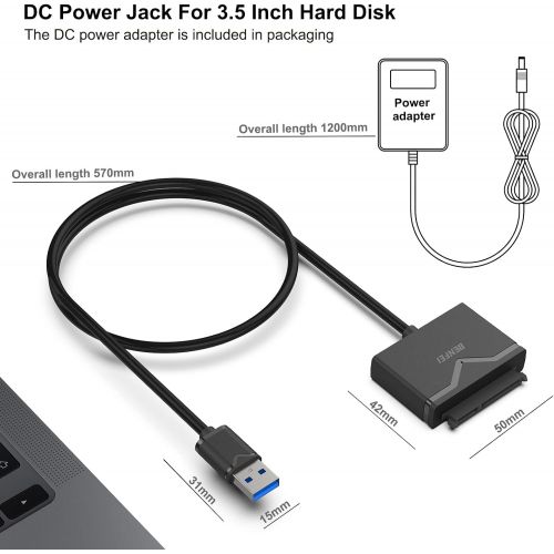  SATA to USB 3.0 Cable, BENFEI USB 3.0 to SATA III Hard Drive Adapter Compatible for 2.5 3.5 Inch HDD/SSD Hard Drive Disk with 12V/2A Power Adapter, Support UASP