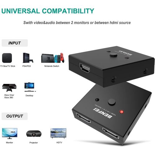  HDMI Switch, BENFEI 4K@60Hz HDMI Switcher 2 Input 1 Output, 1 Input 2 Output, Supports 4K 3D HD 1080P Compatible for Firestick, Xbox PS4 Roku HDTV