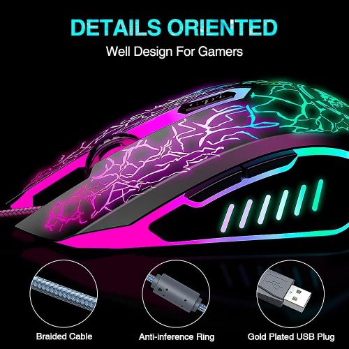  BENGOO Gaming Mouse Wired, USB Optical Computer Mice with RGB Backlit, 4 Adjustable DPI Up to 3600, Ergonomic Gamer Laptop PC Mouse with 6 Programmable Buttons for Windows 7/8/10/X