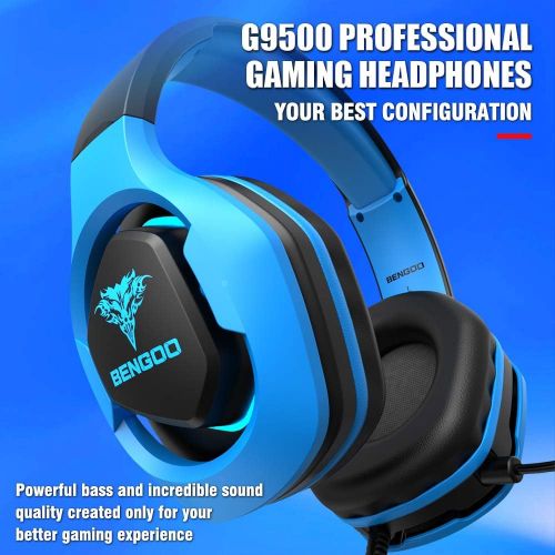  BENGOO G9500 Gaming Headset Headphones for PS4, Xbox One, PC Controller, Over Ear Headphones with 720°Noise Cancelling Mic, LED Light, Adjustable Soft Memory Earmuffs