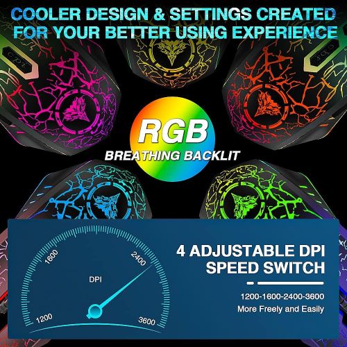  [아마존베스트]BENGOO Gaming Mouse Wired, USB Optical Computer Mice with RGB Backlit, 4 Adjustable DPI Up to 2400, Ergonomic Gamer Laptop PC Mouse with 6 Programmable Buttons for Windows 7/8/10/X