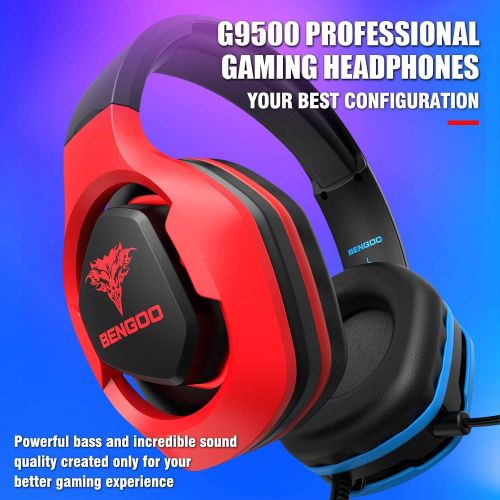  [아마존베스트]BENGOO G9500 Gaming Headset Headphones for PS4 Xbox One PC Controller, Over Ear Headphones with 720° Noise Cancelling Mic, Bicolor LED Light, Adjustable Soft Memory Earmuff for Gam