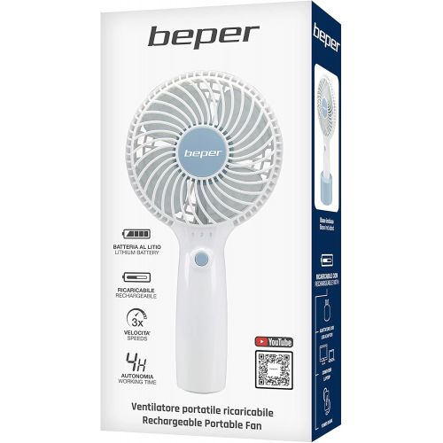  [아마존베스트]Beper P206VEN400 Portable Fan Rechargeable 3 Speeds Stand and Charging Cable Included Space Saving Silent Mini Fan White and Blue