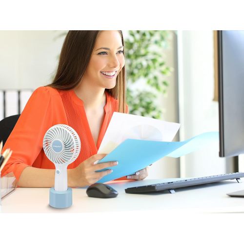  [아마존베스트]Beper P206VEN400 Portable Fan Rechargeable 3 Speeds Stand and Charging Cable Included Space Saving Silent Mini Fan White and Blue