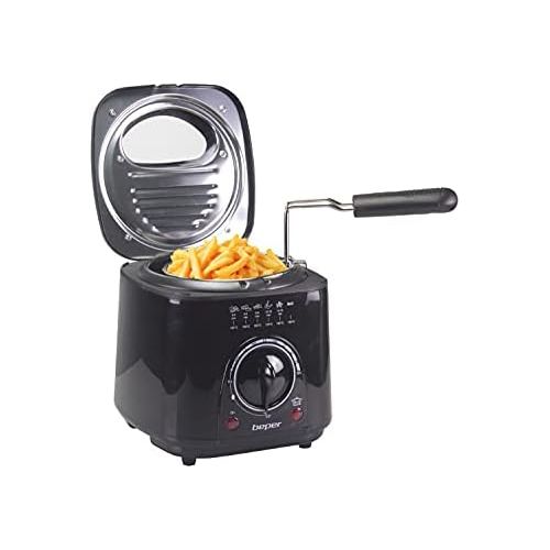  BEPER P101FRI100 Electric Fryer, 1 Litre, 850 950 W, Removable Steel Basket, Lid with Porthole, Removable Filter, Adjustable Temperature, Non Slip Feet, Black