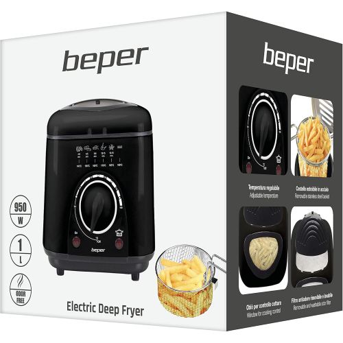  BEPER P101FRI100 Electric Fryer, 1 Litre, 850 950 W, Removable Steel Basket, Lid with Porthole, Removable Filter, Adjustable Temperature, Non Slip Feet, Black