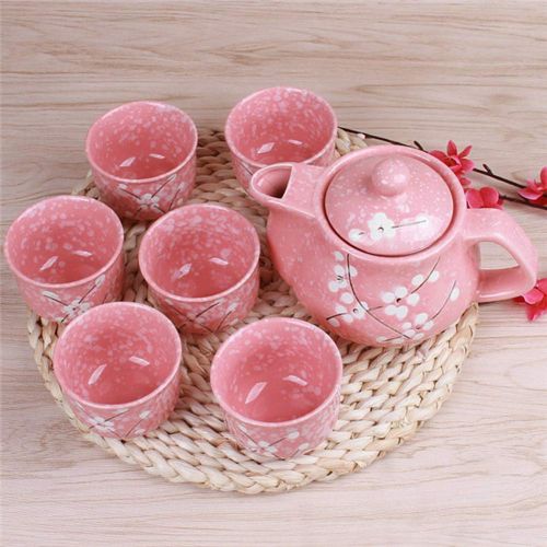  BERTERI Japanese Cherry Blossom Teapots Set 1 Pot 6 Cups Ceramic Drinkware Tea Pot Home Office Tea Set Kettle Best Gift