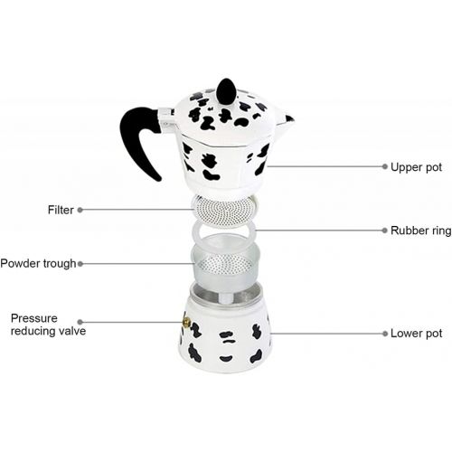  BERTY·PUYI Creativity Aluminum Cow PatternStovetop Espresso Maker Pot, Milk Moka Pot Coffee Pot Italian Filter Pot-150ml