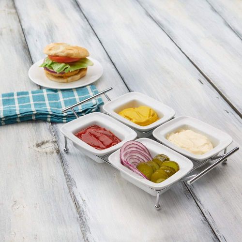  BERYLAND Serving Tray for Parties - 4 Tray Serving Platter - White Ceramic Compartment Bowls for Food, Parties, Snacks, Condiments, Appetizers - Four Removable 4 x 4.75 inch Trays for Easy