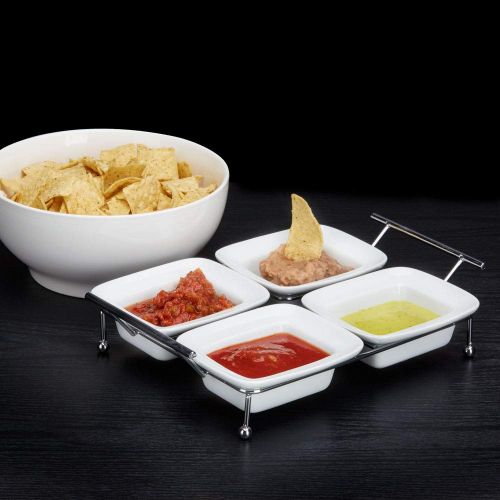  BERYLAND Serving Tray for Parties - 4 Tray Serving Platter - White Ceramic Compartment Bowls for Food, Parties, Snacks, Condiments, Appetizers - Four Removable 4 x 4.75 inch Trays for Easy