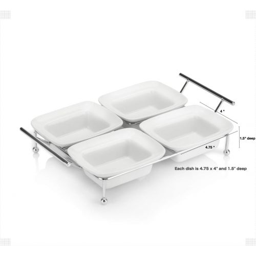  BERYLAND Serving Tray for Parties - 4 Tray Serving Platter - White Ceramic Compartment Bowls for Food, Parties, Snacks, Condiments, Appetizers - Four Removable 4 x 4.75 inch Trays for Easy