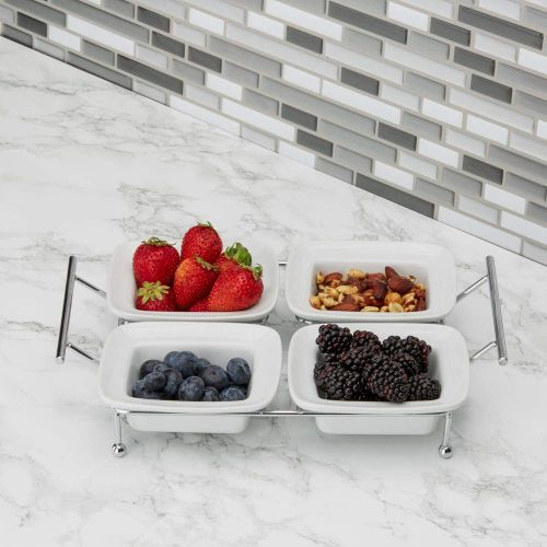  BERYLAND Serving Tray for Parties - 4 Tray Serving Platter - White Ceramic Compartment Bowls for Food, Parties, Snacks, Condiments, Appetizers - Four Removable 4 x 4.75 inch Trays for Easy