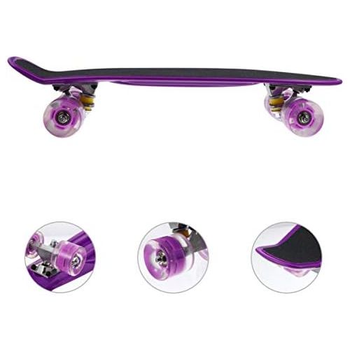  BESPORTBLE Skateboards Complete Mini Cruiser Retro Skateboard Flashing Practice Longboards Toy for Adults and Kids Youths Beginners Purple 56cm