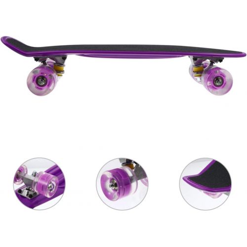  BESPORTBLE Skateboards Complete Mini Cruiser Retro Skateboard Flashing Practice Longboards Toy for Adults and Kids Youths Beginners Purple 56cm