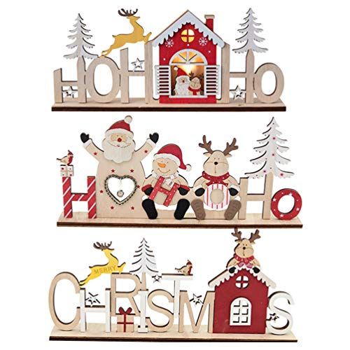  BESPORTBLE 3pcs Wooden Tabletop Christmas Decoration Santa Reindeer Sign Figurine Ornament for Xmas Holiday Party Table Tree Skirt Fireplace Decoration
