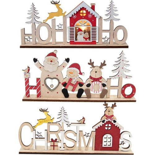  BESPORTBLE 3pcs Wooden Tabletop Christmas Decoration Santa Reindeer Sign Figurine Ornament for Xmas Holiday Party Table Tree Skirt Fireplace Decoration