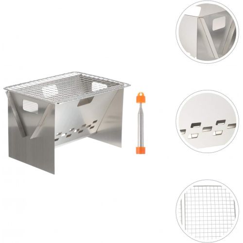  BESPORTBLE 3pcs/ Set Folding Camping Stove Stainless Steel Outdoor BBQ Stove Wood Burning Stove with Grill Rack Fire Bellows for Outdoor Camping Cooking Picnic