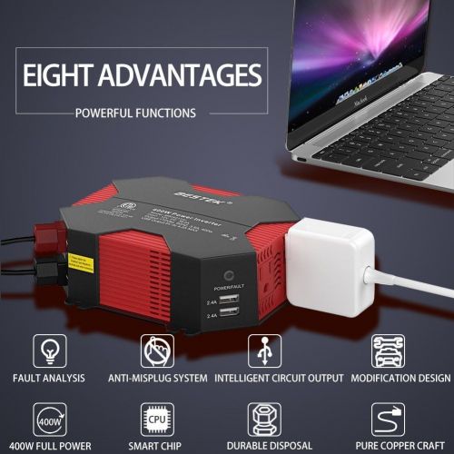  BESTEK 400W/500W DC 12V 110V Inverter with 4 USB Charging Ports, Power Converter with 2 AC Outlets Battery Clip Charger, Car Adapter (Upgrade Version)