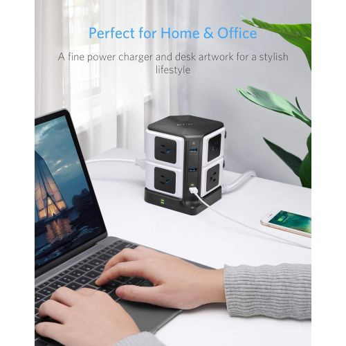  [아마존 핫딜] [아마존핫딜]BESTEK Long Cord Power Strip Tower Surge Protector 1500 Joules 8 Outlets and 6 USB Ports Charging Station,12 Feet Extension Cord,ETL Listed