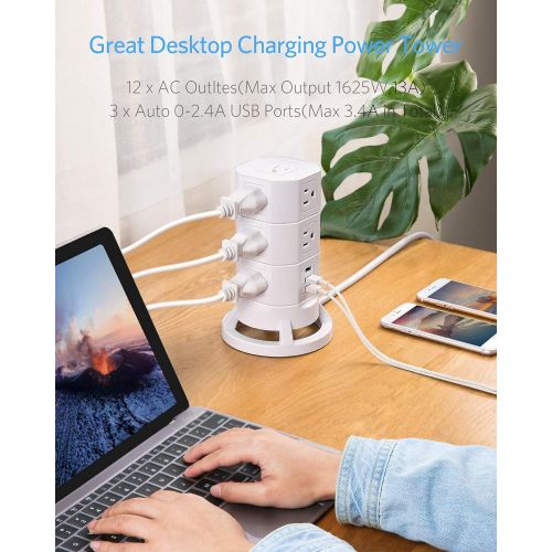  [아마존 핫딜] [아마존핫딜]BESTEK 3-Tier Stackable 12 Outlets Power Strip Tower Electric Charging Station with 3 USB Ports for PC Laptop Mobiles,6 Feet Extension Cord,White