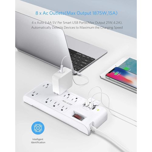  [아마존 핫딜] [아마존핫딜]BESTEK 8-Outlet Surge Protector Power Strip with 4 USB Charging Ports and 6-Foot Heavy Duty Extension Cord, 600 Joules, FCC ETL Listed, White