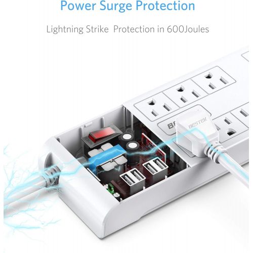  [아마존 핫딜] [아마존핫딜]BESTEK 8-Outlet Surge Protector Power Strip with 4 USB Charging Ports and 6-Foot Heavy Duty Extension Cord, 600 Joules, FCC ETL Listed, White