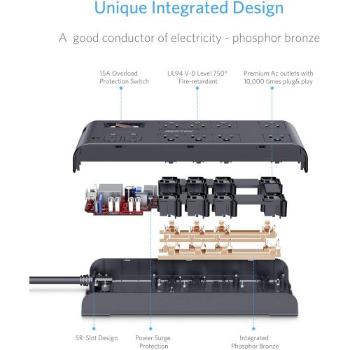  [아마존 핫딜] [아마존핫딜]BESTEK 8-Outlet Surge Protector Power Strip with 4 USB Charging Ports and 6-Foot Heavy Duty Extension Cord, 600 Joule, ETL Listed